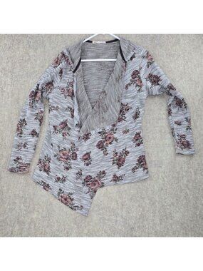 Jolt Womens Floral Knit Asymmetrical Cardigan Size L Gray & Pink Rayon Blend
